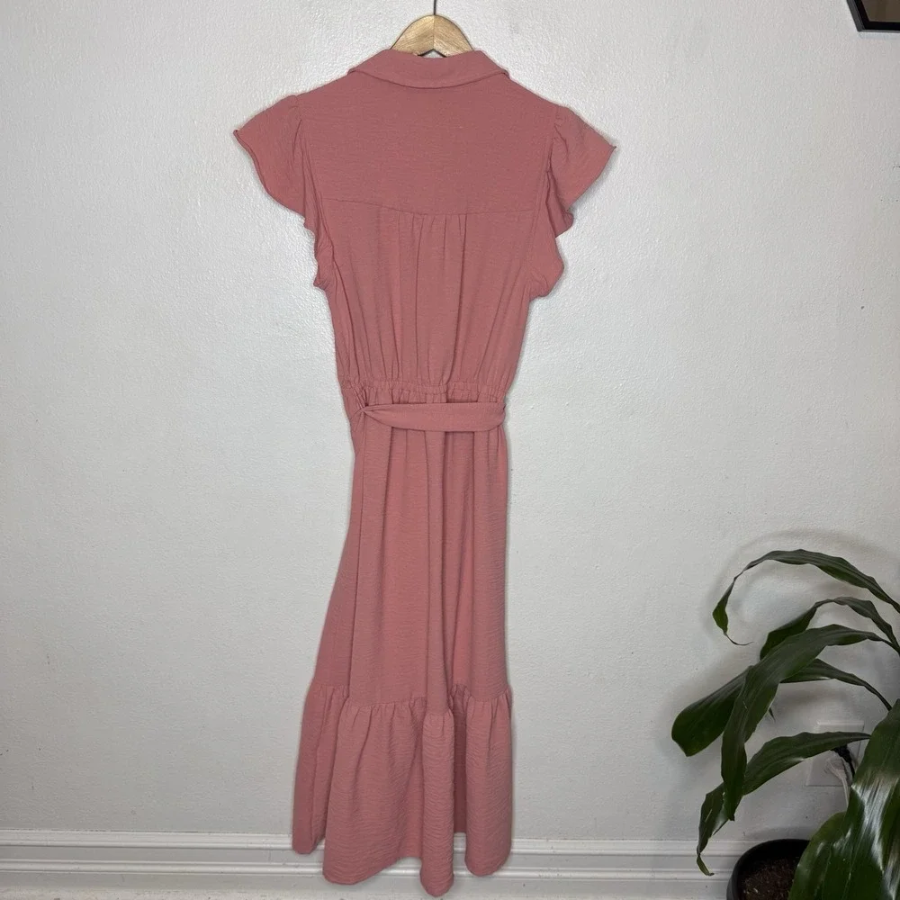 Lucky Brand Pink Cap Sleeve Shirt Midi Dress Womens Small Tie Collared Feminine‎